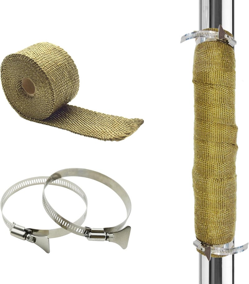 DOBTIM Fireproof Pipe Wrap Insulation 2" Wide X 16' Long, Fiberglass Heat Shield Tape Pipe Webbing for Stove Flue Protector with 2 Clamps, Titanium - Image 1